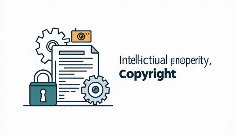 Ilustrace duševního vlastnictví a autorských práv s ikonami zámku a dokumentů.