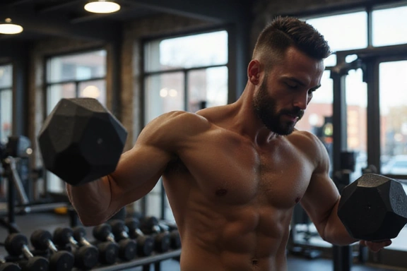 Muž zvedá činku v posilovně, ilustrující nabírání svalové hmoty