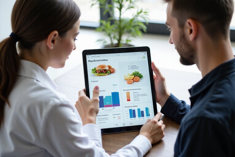 Nutriční poradce vysvětluje klientce výživový plán na tabletu, ukazující interaktivní grafy a data
