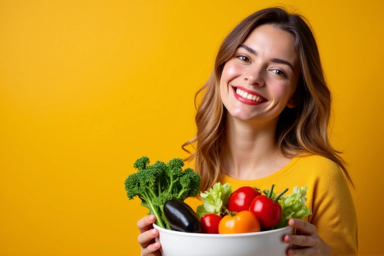 Žena s úsměvem drží misku s ovocem a zeleninou, symbolizující zdravé stravování.