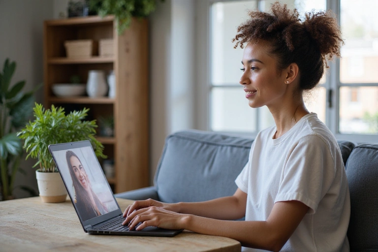 Žena s laptopem na videohovoru s nutričním poradcem, symbolizující online konzultaci.